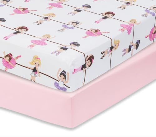 Image of Everyday Kids 2 Pack Fitted Girls Crib Sheet, 100% Soft Breathable Microfiber Baby Sheet, Fits Standard Size Crib Mattress 28in x 52in, Nursery Sheet - Ballerina/Pink