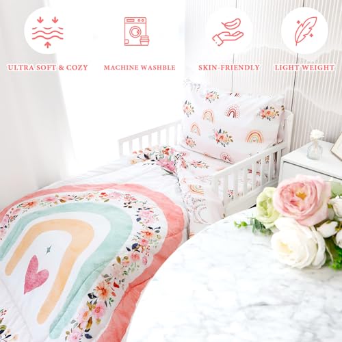 Image of Toddler Bedding Sets for Girls, Rainbow Toddler Crib Bedding Set 4 Piece Pink Floral Toddler Comforter Set Includes Flat Top Sheet, Fitted Sheet, Comforter, Envelope Pillowcase, Soft & Comfort
