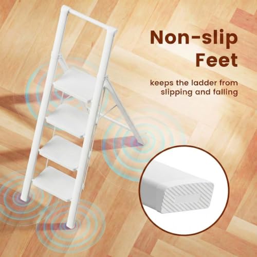Image of 4 Step Ladder Folding Step Stool Stepladders with Anti-Slip and Wide Pedal for Home and Kitchen Use Space Saving (White)