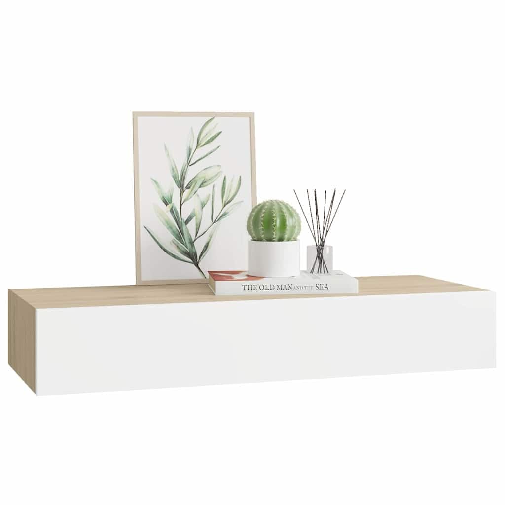 Estante de Pared con cajón de MDF (Roble y Blanco, 60 x 23,5 x 10 cm), Mobiliario Estanterías Estantes y estanterías, Marrón, 5kg