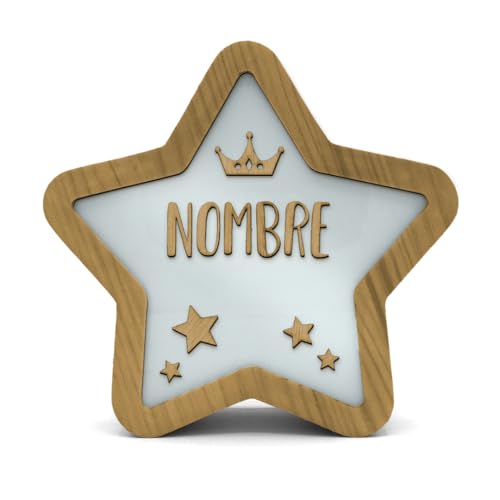 Genérico Lámpara Estrella Madera Personalizada con Nombre. Luz LED Infantil Quitamiedos. Lámpara de Noche Infantil Decorativa. Niños y Bebes Regalo Original (Corona Niña)