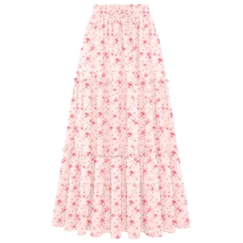 Arolina Women's Summer Maxi Skirt Trendy High Waist Pleated Ruffle Long Skirts Flowy Beach Boho Skirt Dress with Pockets