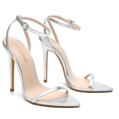 HAOZHAOTOU Womens Strappy Sandals for Women Lace Up Heels Sexy Stiletto High Heeled Open Toe Strap Summer Dress Shoes （XM-L-1 Silver-2 PU 8）