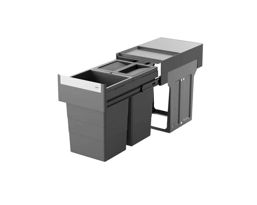 Hailo Abfallsammler 3666903 | Einbau-Mülleimer mit 2x 13L Abfalltrennung | Mülltrennsystem mit einem beliebig nutzbaren Biodeckel | Tandem-Auszug für Küchenschrank | Platzsparendes Abfallsystem