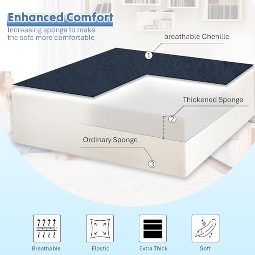 Image of 85 inch Chenille Sectional Sofa w /Pull Out Bed & Storage Space, Blue | Upholstery L Shaped Couch w /Cup Holders, Modern Corner Sofa w /USB Charging Port & Throw Pillow for Living Room