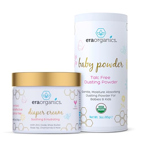Image of Organic Baby Powder & Diaper Rash Cream– USDA Organic Talc-Free Powder & Zinc Oxide Diaper Cream to Help Soothe, Moisturize & Protect Delicate Skin