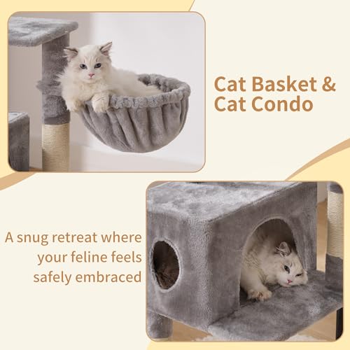 Image of Heybly Cat Tree with Toy, 49 inch Cat Tower for Indoor Cats HCT200SW | Spacious Cat House Condo with Hidden Space，Soft Plush Top Perch，Cozy Hammock and Sisal Scratching Posts, Light Gray