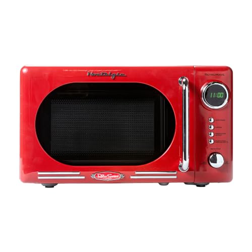Nostalgia Retro Compact Countertop Microwave Oven - 0.7 Cu. Ft. - 700-Watts with LED Digital Display - Child Lock - Easy Clean Interior - Red