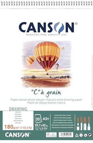 Canson 400060625 "C" a grain-leicht gekörnt Zeichenpapier, 180 g/qm, A3+, 30 Blatt pro Block "Spirale an der kurzen Seite", 297 x 445 mm, weiß