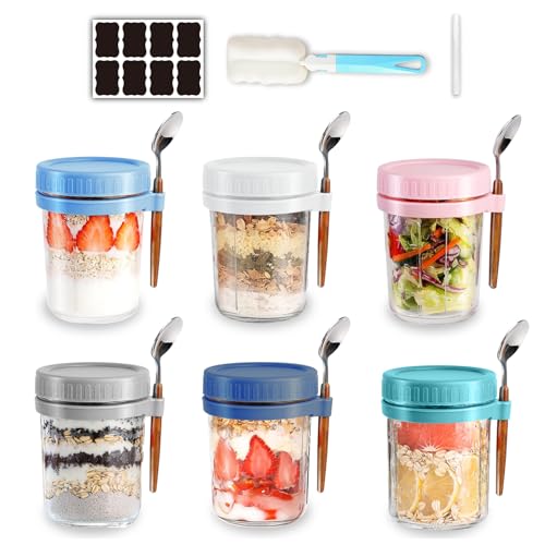 Eidoct 6 Pack Overnight Oats Containers with Lids and Spoons, 350ml Glasses, Airtight Oatmeal Container with Measurement Marks, Storage Container for Milk, Cereal, Fruit