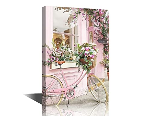 Bicycle and Flower Wall Art Canvas Painting Pictures Wall Decor Canvas Art Lake Blue Modern Artwork Contemporary Wall Decor for Home Office Decorations Framed Ready to Hang 8 x 12