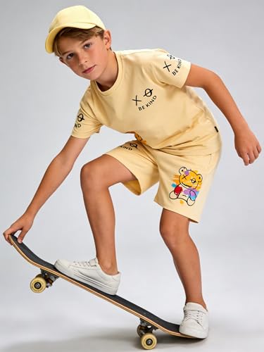 Image of Cakaner Tween Boys Summer Clothes 2 Piece Short Sleeve Graphic T-Shirt and Shorts Casual Outfit Set Size 7-14