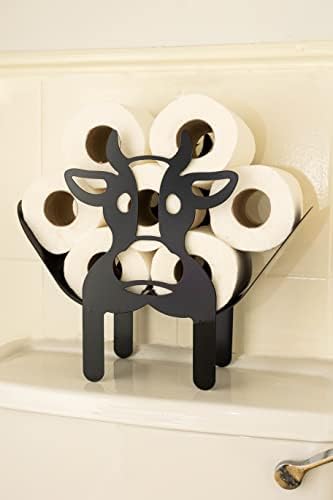 HomeZone Cow Toilet Roll Holder Novelty Animal Bathroom Accessory Decorative Home Indoor Storage Loo Roll Toilet Paper Holder Black Metal Free Standing Fun Decor