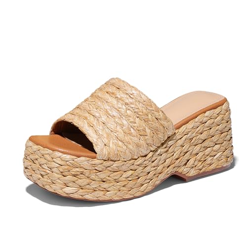 Ancomafio Platform Espadrille Sandals for Women，Raffia Sandals Platform Slip on Wedges Slides Bohemia Sandals Flatform Open Toe Beach Sandals Outdoor Size 10 Brown