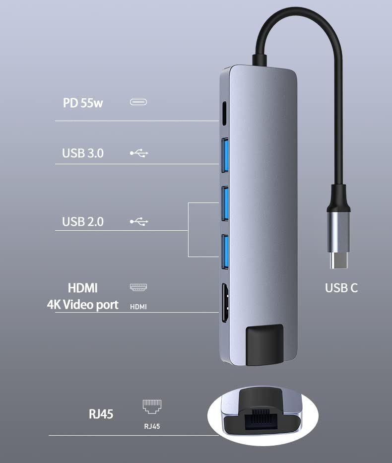 Image of Verilux USB C Hub with Ethernet 6 in 1 USB Type C Hub with 4K HDMI Converter, Multi USB Port for Laptop with USB Hub 3.0 and 2.0 PD 87W Charging Port for MacBook Air M1 Pro, Type-C Device and Switch