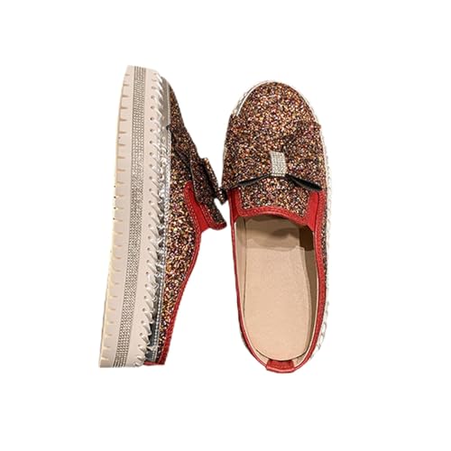 Women Sparkly Rhinestone Slip On Flats Bowknot Thicken Bottom Flats Round Toe Stitch Platform Fashion Casual Shoes