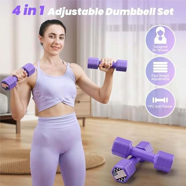 Zempox Adjustable Dumbbell Set of 2, 4 in 1 Hand Weights for Women at Home, 5 lb Weights Dumbbells set of 2, Each 2lb 3lb 4lb 5lb with TPU Soft Rubber Handle for Home Gym Exercise Training