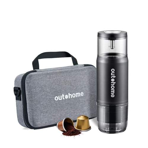 outohome Portable Electric Espresso Machine,15 Bar Self Heating Outdoor Coffee Maker, Travel Coffee Machine for Camping With Ground Coffee and NS Capsule for RV, Office,Car Coffee with carry Bag