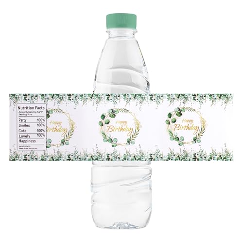 URROMA 50 Pcs Happy Birthday Water Bottle Labels, Eucalyptus Leaf Pattern Water Bottle Stickers Drinks Wrappers for Birthday Party Decor