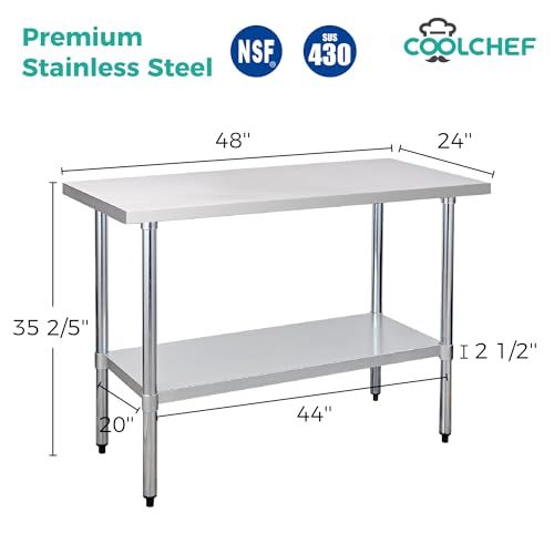 Image of COOLCHEF Stainless Steel Work Table 24 x 48 Inch, NSF Commercial Prep Table with Undershelf, Heavy Duty Food Prep Workstation