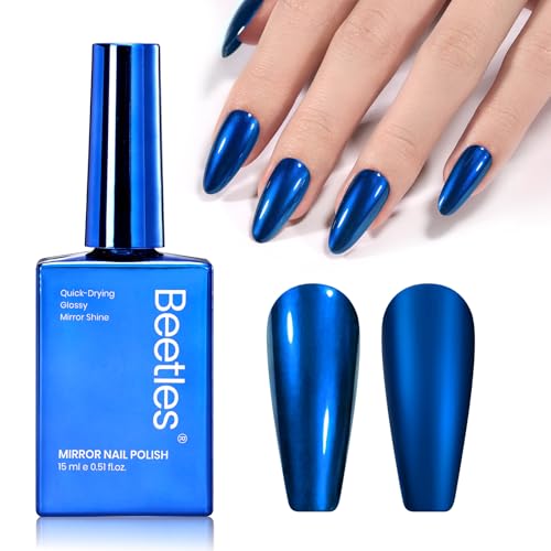 Beetles Blue Mirror Nail Polish - Shine Blue 15ml Chrome Nail Polish Metallic Effect Quick-Drying Glossy Finish Easy Application Home DIY Fingernail Nail Art Gift for Women