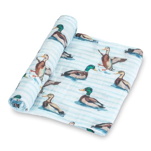 Image of LollyBanks Muslin Swaddle Blankets, 100% Cotton Neutral Baby Blanket for Boys and Girls, Soft and Lightweight 47 x 47 Inches Newborn Swaddles, Breathable Toddler Blanket (Swimming Mallard Duck Print)