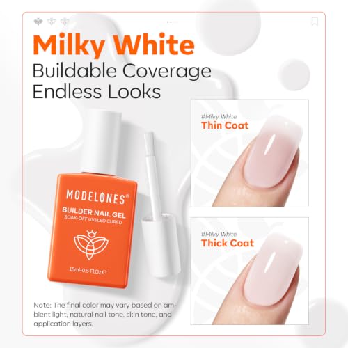 Image of modelones Builder Nail Gel, Milky White Builder for Nails, Natural White Color Rubber Base Gel Polish for Apex Building, Short Extension, Natural Overlay, Self-Leveling Beginner U V /LED Cured DIY