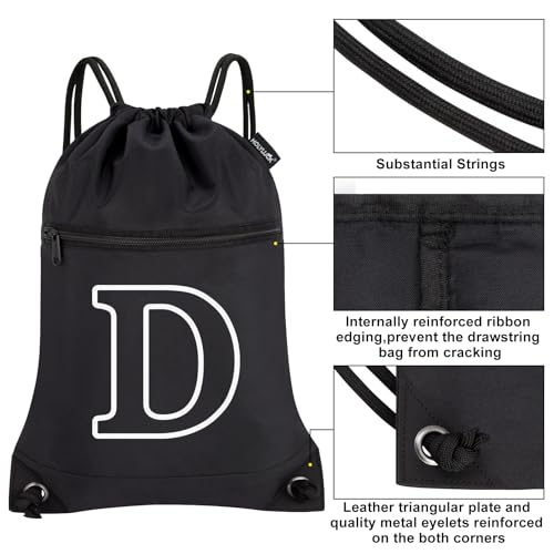 Image of HOLYLUCK Drawstring Bags Initial Backpack Sackpack Cinch Bags for Sports, Gym, Travel, Beach (Black-D)