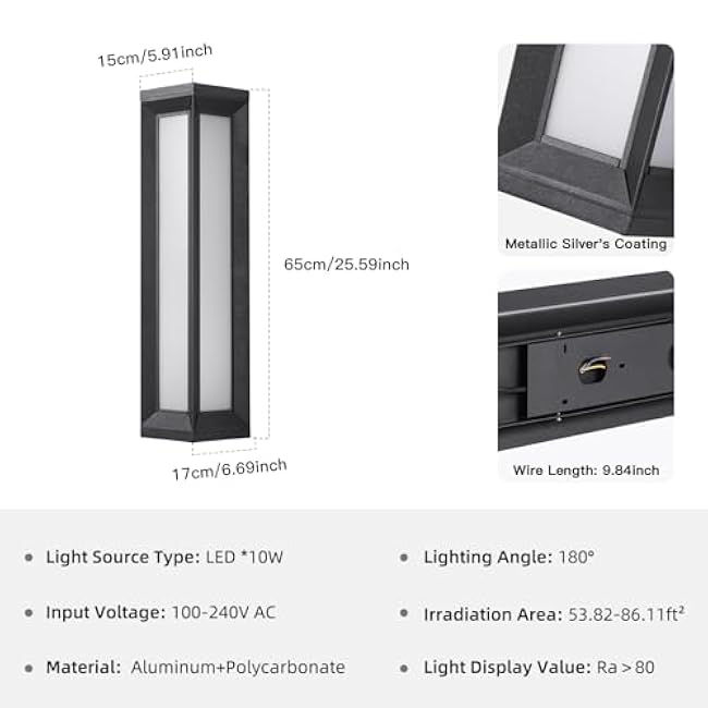 Exterior Lighting Fixtures, 25.6 Waterproof Outside Lights for House, 3000K LED Large Outdoor Sconces Wall Lighting, Long Outdoor Wall Sconce, Black Grey Lamps for Front Porch Garage Patio