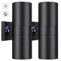 Modern Outdoor Wall Light with Dusk to Dawn Sensor, Exterior Light Fixture Wall Mount Waterproof Anti-Rust Cylinder, Up and Down 2 Lights Black Sconces for Porch Patio House Outside Entryway, 2-Pack
