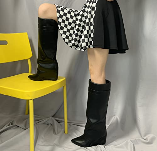 Lishan Women's Wedge Boots Knee High Pointed Toe Fold Over Black Botas Pull On Wide Calf Fashionable Adorable Solid Color Special Design Pant Boots Comfy Lovely Cute Shoes Black Size 8 #TOP7