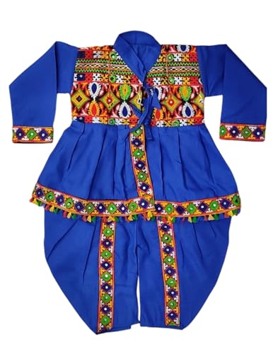 Image of BookMyCostume Blue Gujarati Kedia With A Pair of Dandiya Sticks Combo - Traditional Outfit for Navratri & Festivals | Gujarat Fancy Dress Costume For Kids & Adults 10-11 Years