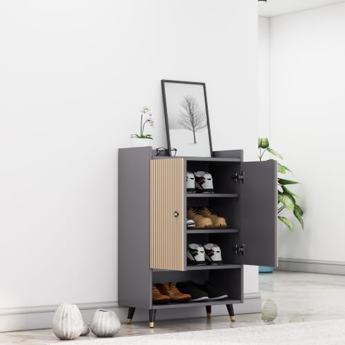 Image of Bniture Engineered Wood Shoe Cabinet with Door | Shoe Rack Wooden with Metal Legs | Sturdy and Stylish Wooden Cabinet for Home | Multipurpose Shoe Rack with 3D Fluted Panel (Grey & Giant Wood)