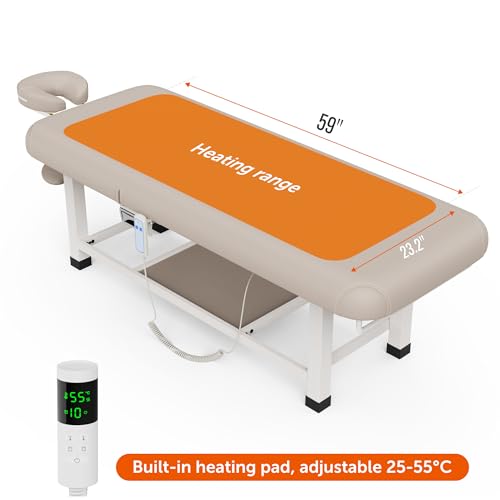 Image of pouseayar Heavy Duty Electric Stationary Massage Table with Heating Function, Backrest Adjustable and Storage Space for Treatment /Medical Spa /Facial /Beauty /Massage Bed - 30 x 75 - Beige Gray