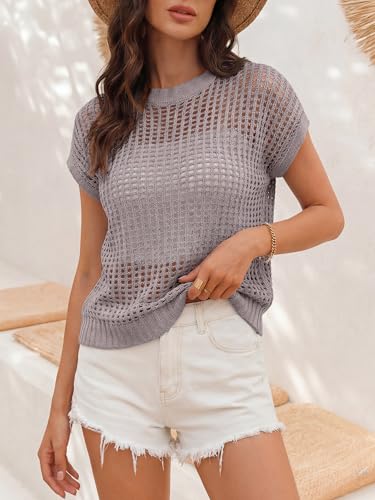 Image of ANRABESS Short Sleeve Sweater for Women Summer Crochet Knit Tops