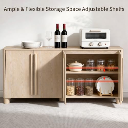 Image of 65 inch Sideboard Buffet Cabinets with Storage Set of 2 , Wood Grain Top Credenza with Adjustable Shelves, Curved Accent Cabinets with Round Legs for Dining Room, Living Room, Coffee Bar, Natural Wood
