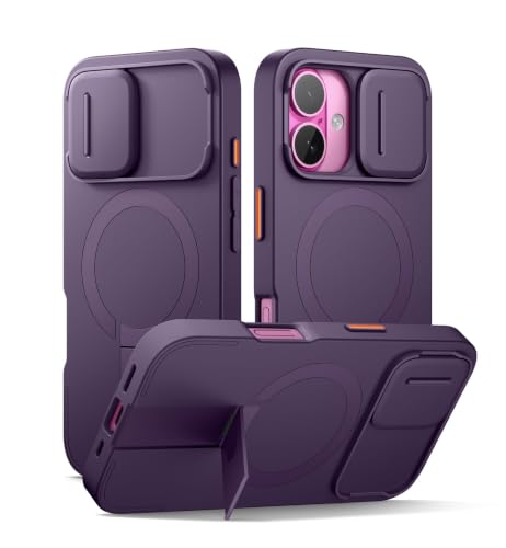 Image of SURITCH for iPhone 16 Case with Magnetic Camera Slide Cover and Adjustable Kickstand, Compatible with MagSafe, Shockproof Bumper Case Slim Protective Cover 6.1 Inch, Dark Purple