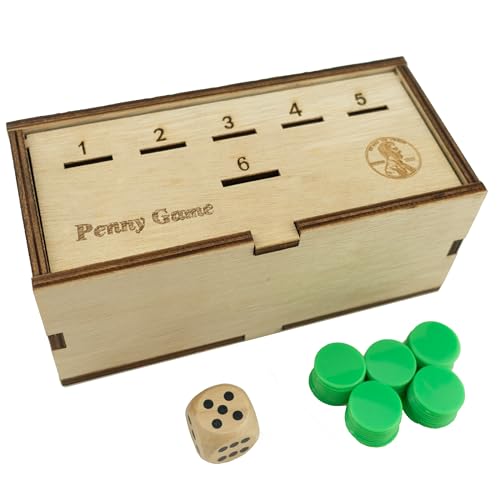 Penny Game - Fun Board Game Works with Pennies Get Rid of Coins to Win Coin Game Wood Box for 2-6 Players Simple + Strategic Dice Games