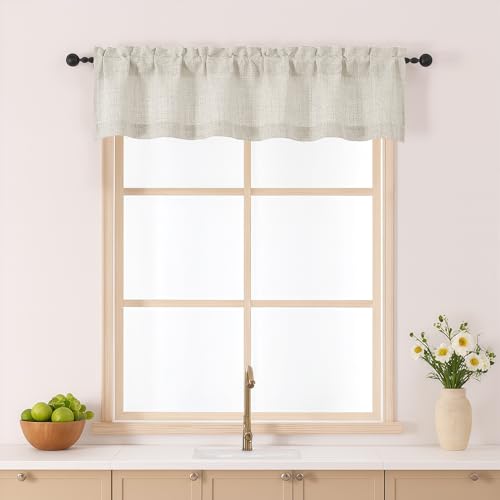 Gwine Natural Valance for Windows, Light Filtering Faux Linen Textured Small Kitchen Window Valance, Rod Pocket Short Curtain for Bathroom Basement RV Camper, 60Wx12L inch, 1 Piece