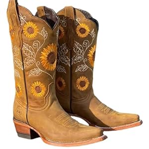 Lmtossey Dames geborduurde laarzen bedrukt glitter westerse cowboy laarzen retro teen mid kalf blokhak laarzen