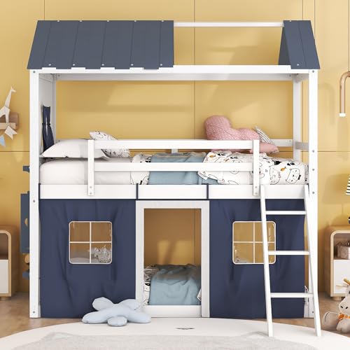 Harper & Bright Designs House Twin Loft Bunk Bed with Tent,Kids Twin Loft Bed with Ladders,Guardrail,Windows Roof, Wood Twin Over Twin Playhouse Bunk Bed for Kids Teens Boys Girls (Blue White)