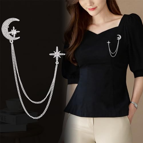 Image of Moon Star Rhinestone Brooch with Gold Tassel Brooch for Unisex