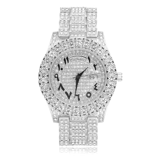 HALUKAKAH Montre en Or Diamants Iced Out, Homme Chiffres Romains Plaqué Platine Or Blanc de Bracelet en Quartz 24cm, Boîte Cadeau Gratuit