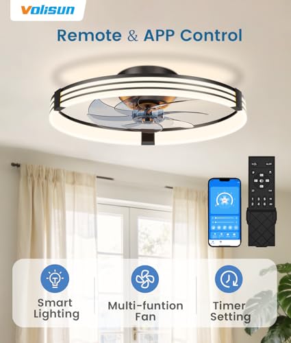 VOLISUN Low Profile Ceiling Fans with Lights and Remote, 20in Flush Mount Ceiling Fan with Light, 3000K-6500K Dimmable Fandelier LED Fan Light, Black Bladeless Ceiling Fans with Lights for Bedroom - image 3