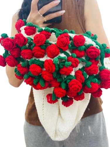 Crochet Handmade Flower Bouquet Blanket, 100cm Rose Lily Flower Bouquet Roll Up Blanket, Perfect Unique Gift for Mom Wife (Rose)