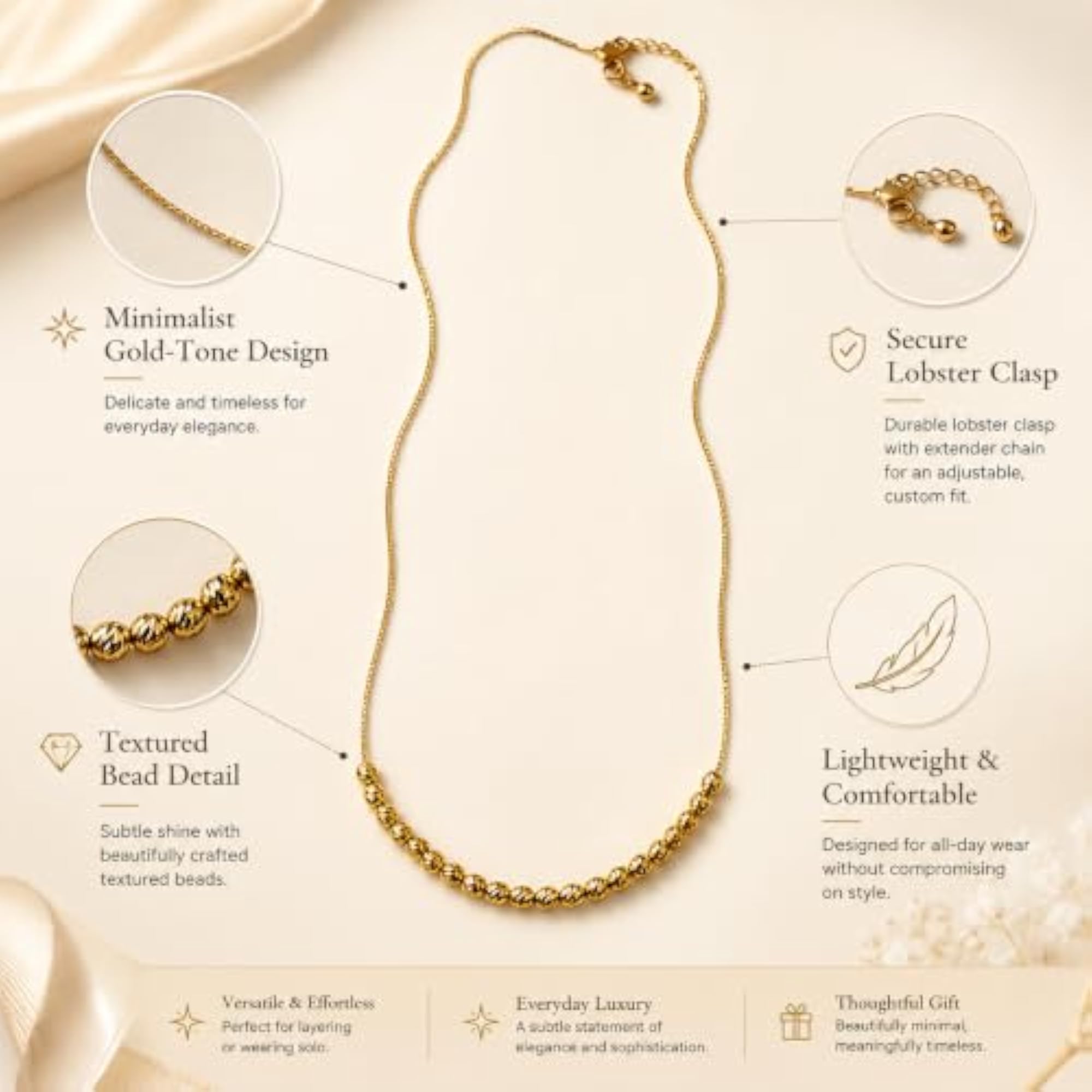 Premium Gold Tone Textured Bead Necklace, Elegant Dainty Chain
