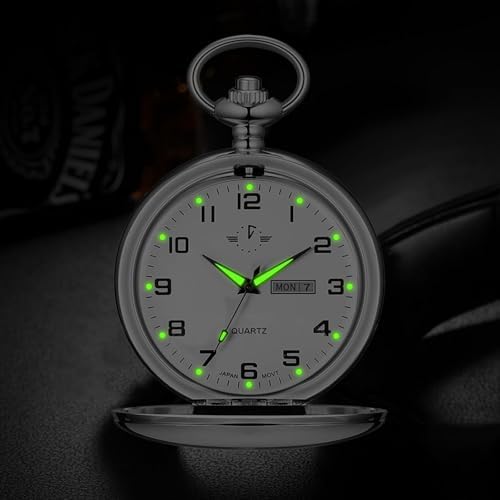 BOSHIYA Glatte Quarz-Taschenuhr für Herren, klassisch, arabisch, digital, leuchtendes Zifferblatt & Tagesdatum, Taschenuhr mit Kette, Weihnachten, Abschlussfeier, Geburtstagsgeschenke, Silver