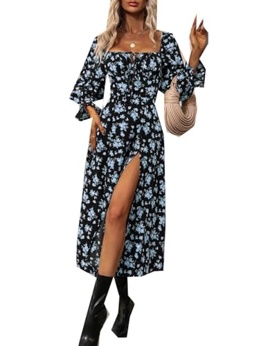 Las Mujeres De OtoñO E Invierno De Cuello Cuadrado De Manga Larga Sin Espalda Bohemio Impreso Vestidos Fresco Y Dulce