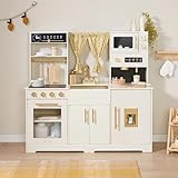 Tiny Land Play Kitchen for Kids, Toy Kitchen Set with Plenty of Play Features, New Modern Kids Wooden Play Kitchen Designed in Trendy Home Style with Curtains, Gift for Ages 3+