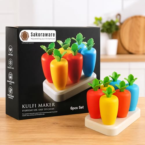 Image of Sakoraware 6 Pcs Kulfi Maker Mould Set with Stand Reusable Ice Cream Popsicle Mold BPA Free Food Grade Pop Mold Homemade Frozen Treat & Dessert Maker